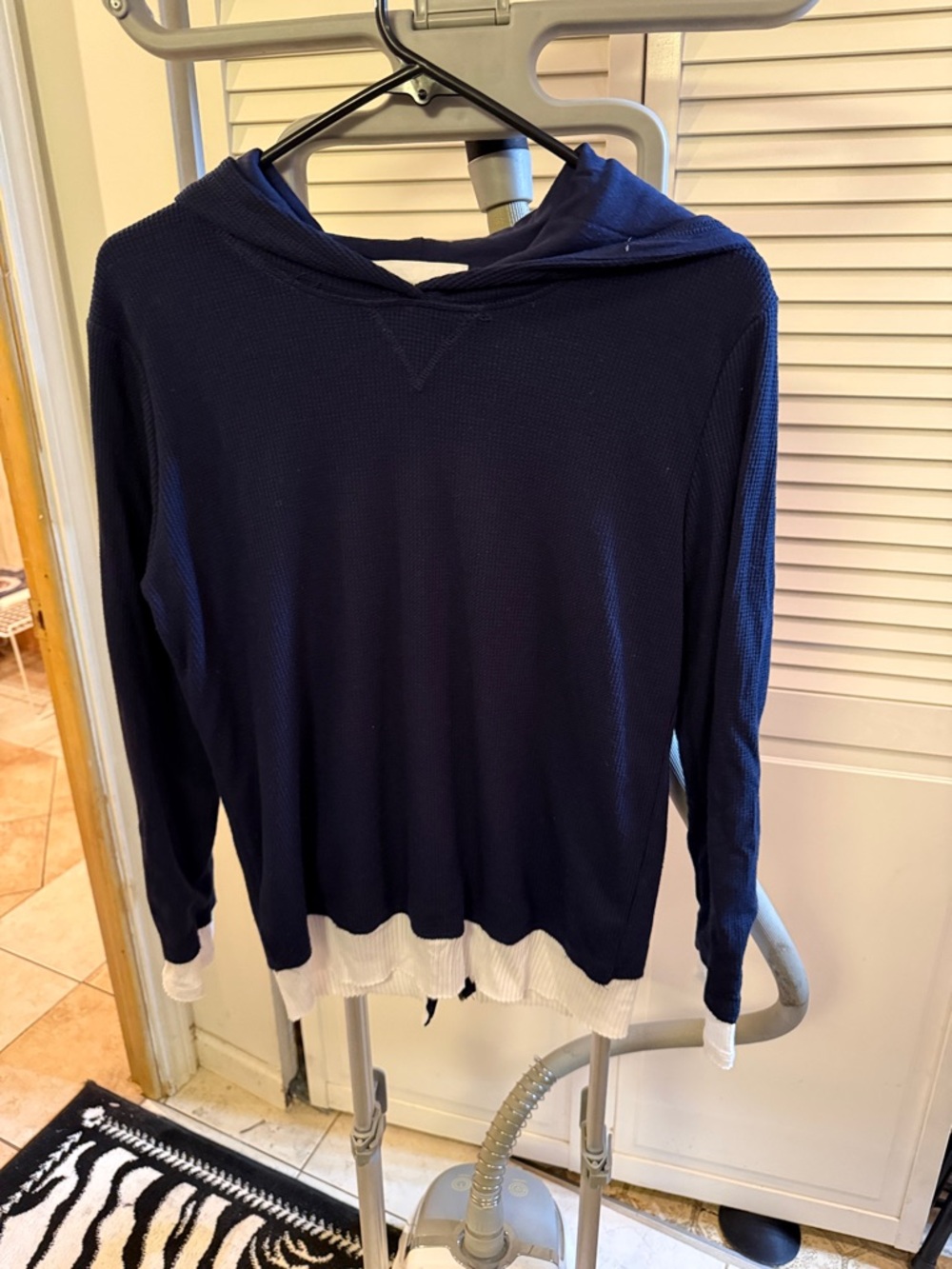 Men's Navy Crewneck Waffle Pullover with Contrast Hem